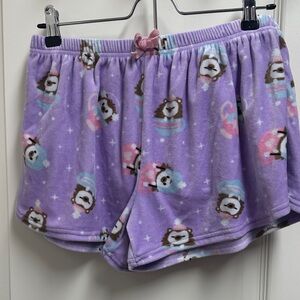 Purple Fleece Shorts with Tea Cup Winter Bear Print SZ M